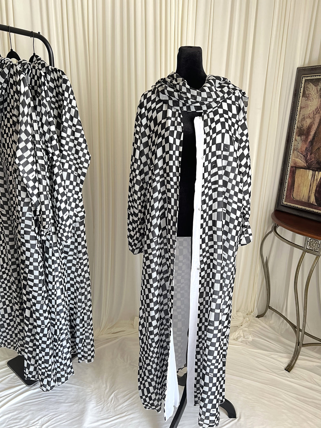 Royal Chess Checkered Double Chiffon Abaya Set open front with black inner dress