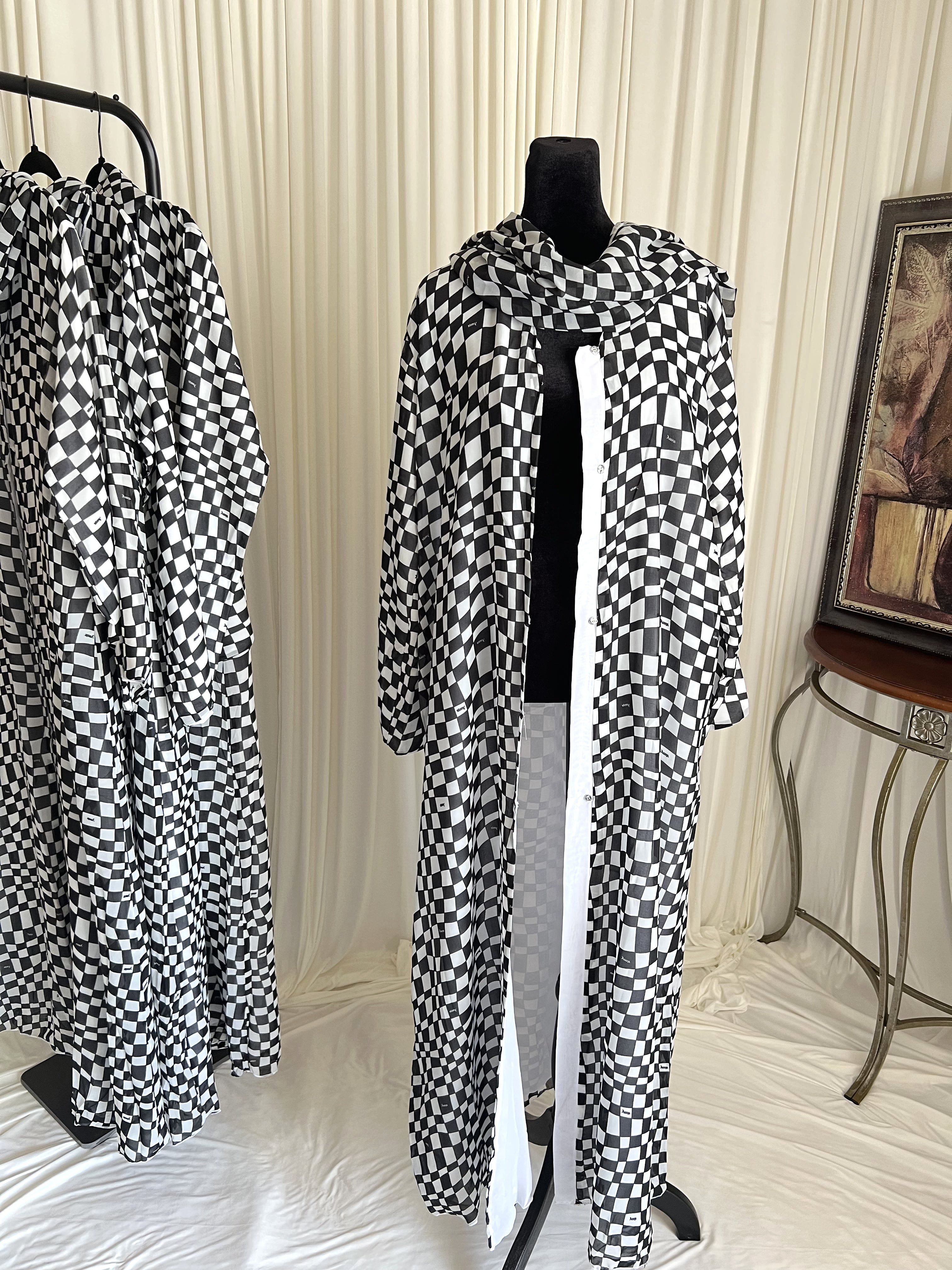 Royal Chess Checkered Double Chiffon Abaya Set open front with black inner dress