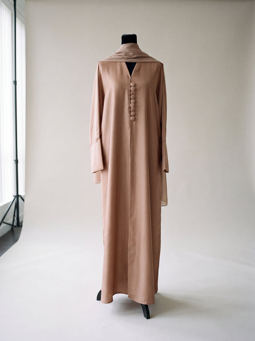 Ruba Abaya - Deep Teal front view with covered buttons and matching hijab