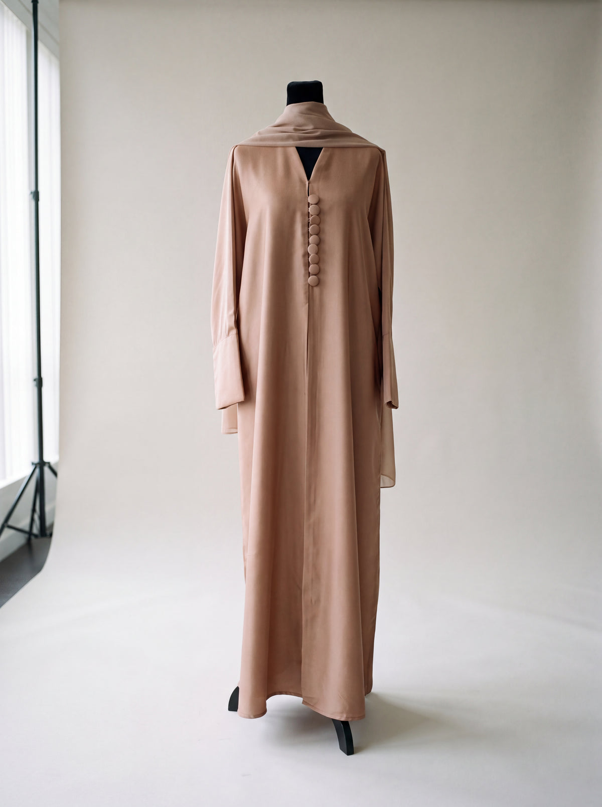 Ruba Abaya - Deep Teal front view with covered buttons and matching hijab