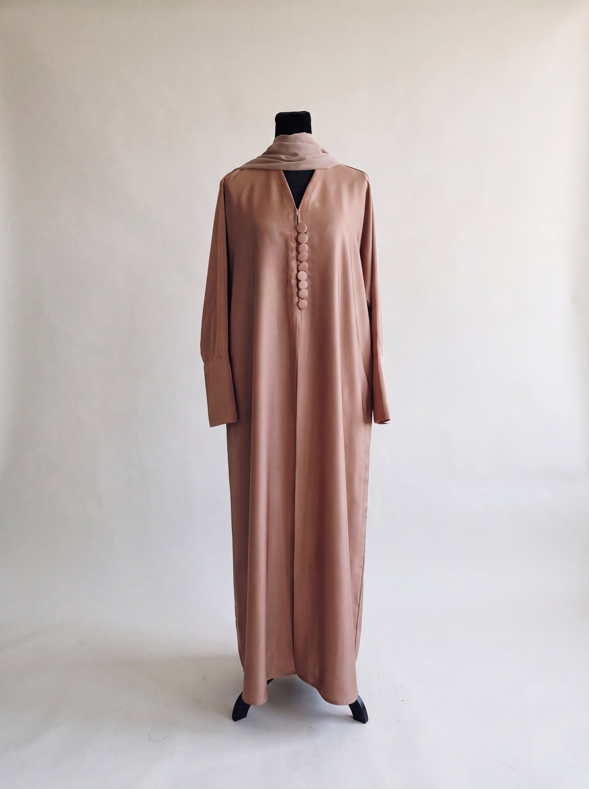 Ruba Abaya - Dusty Rose front view with covered buttons and matching hijab
