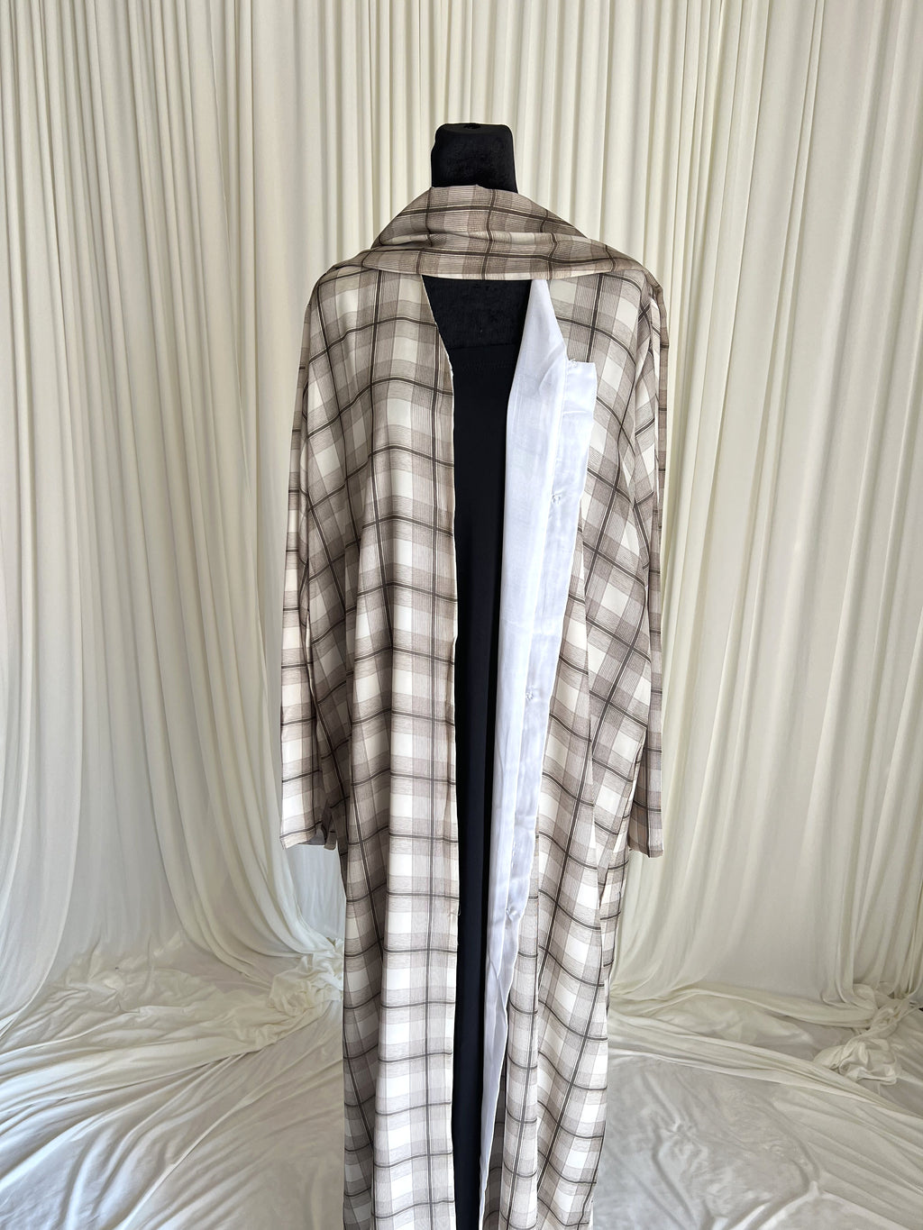Rustic Taupe Plaid Double Chiffon Abaya Set front view on mannequin with matching hijab