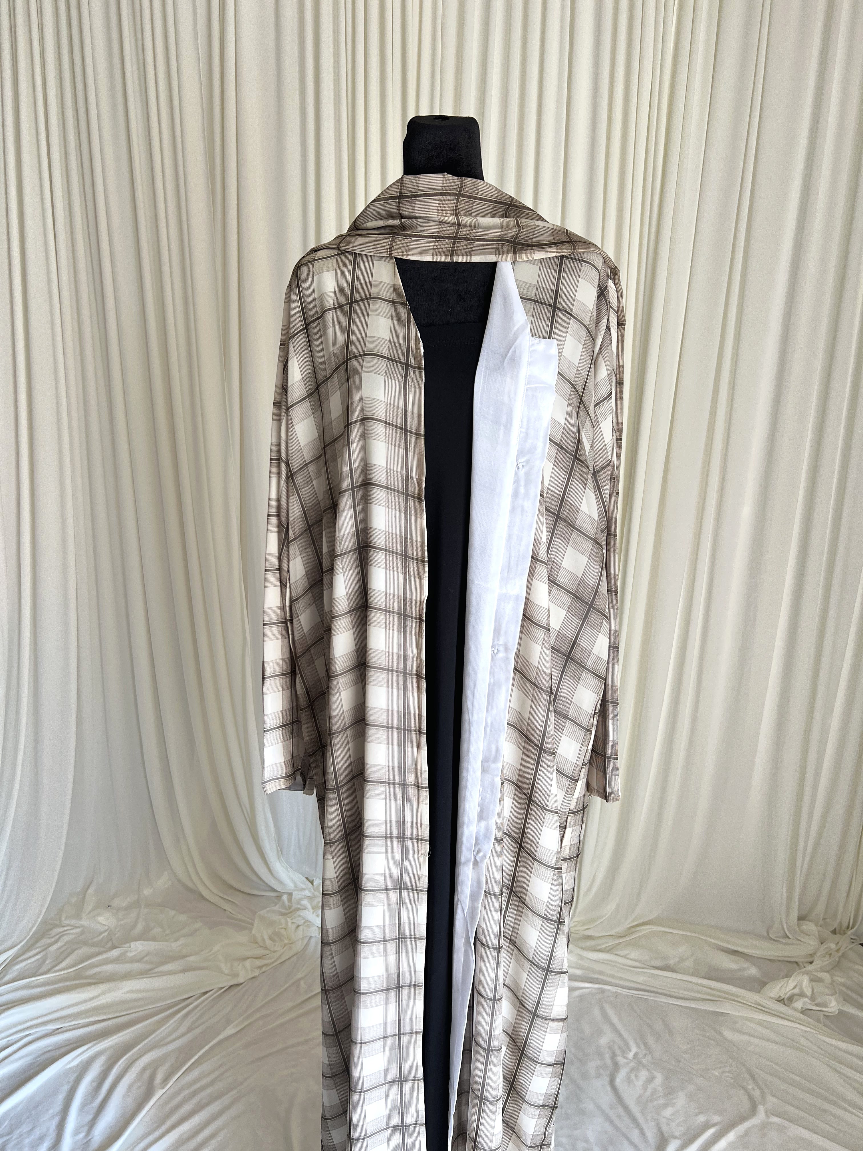 Rustic Taupe Plaid Double Chiffon Abaya Set front view on mannequin with matching hijab