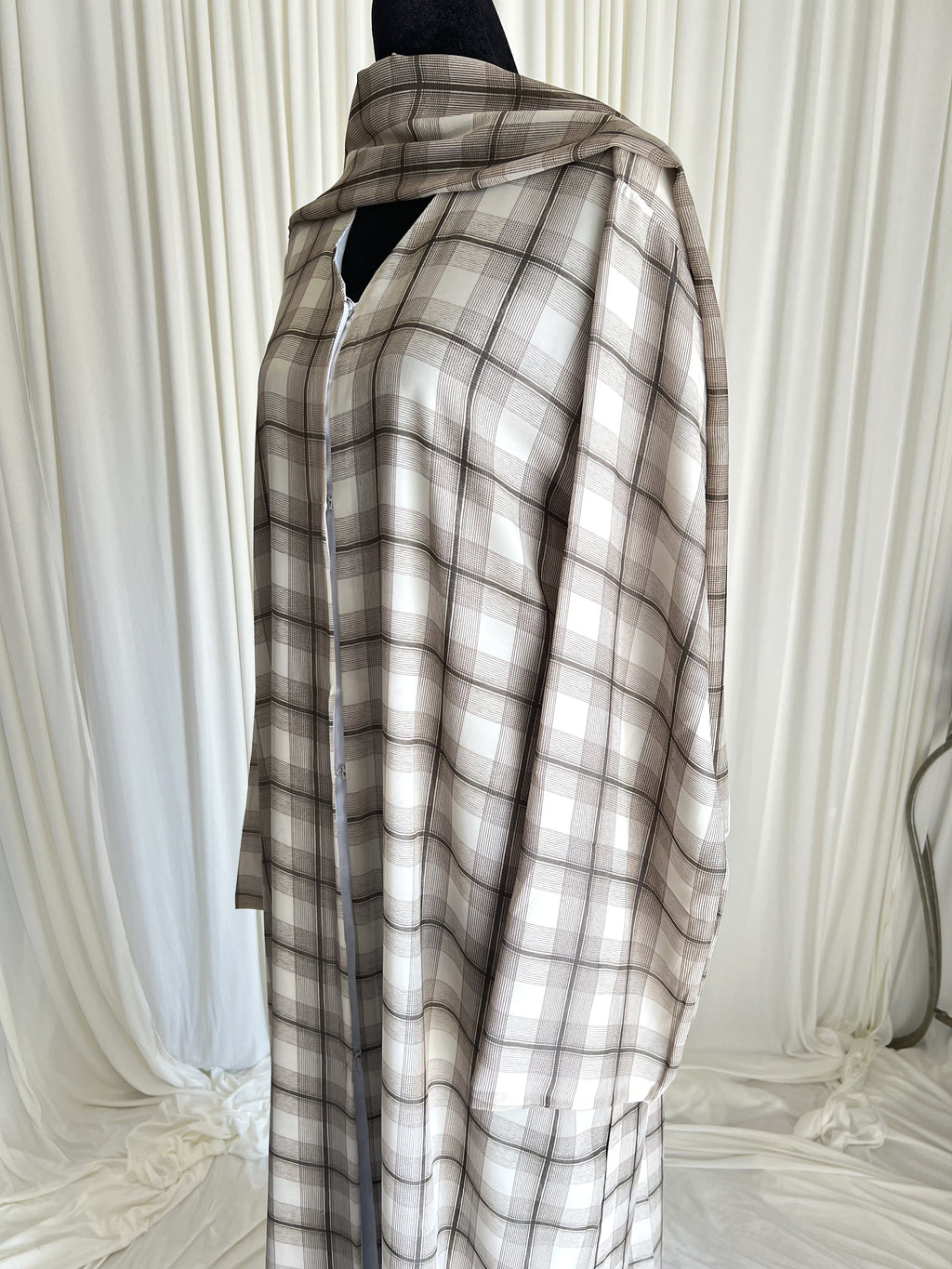 Rustic Taupe Plaid Double Chiffon Abaya Set angled side view