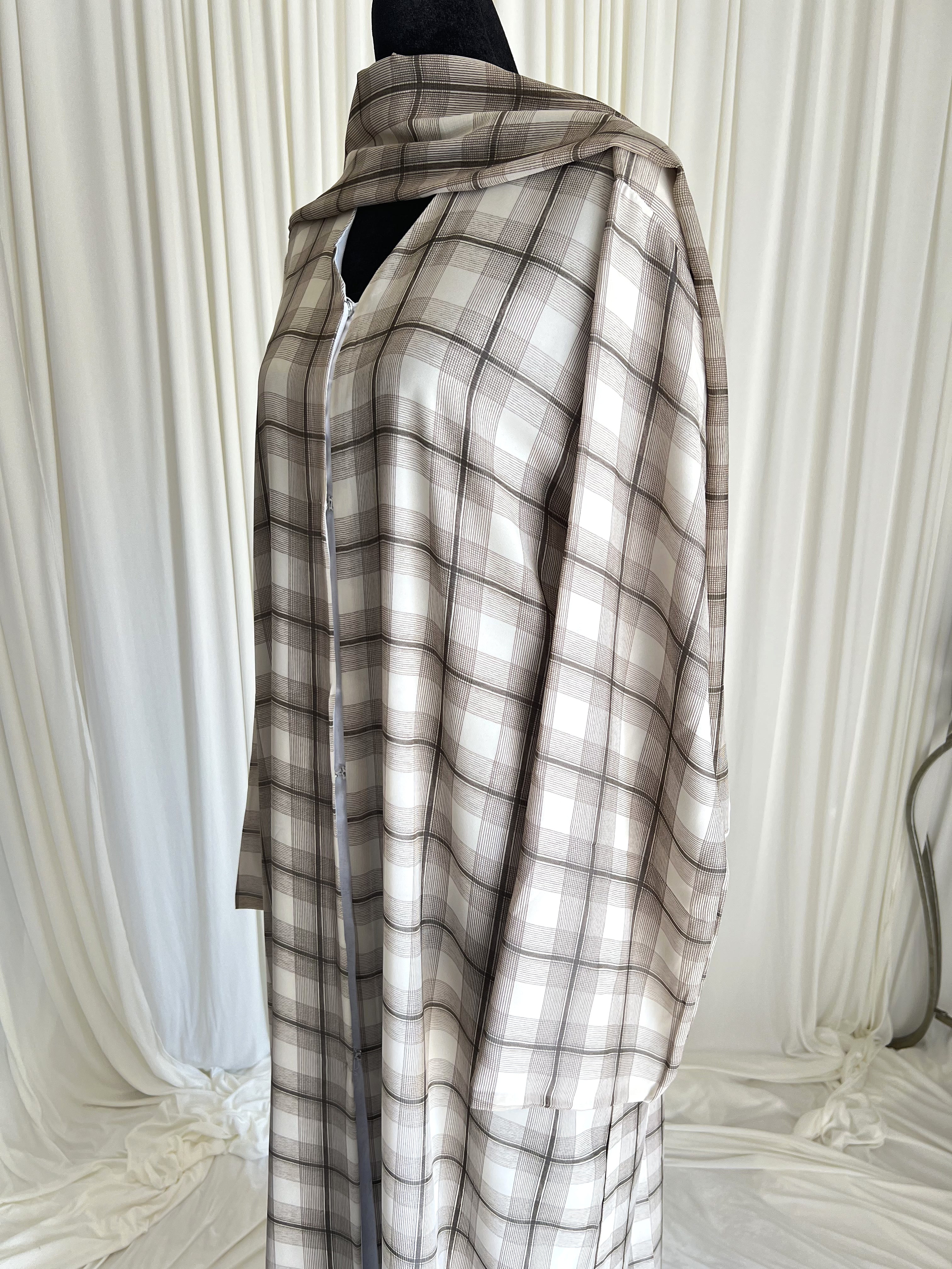 Rustic Taupe Plaid Double Chiffon Abaya Set angled side view