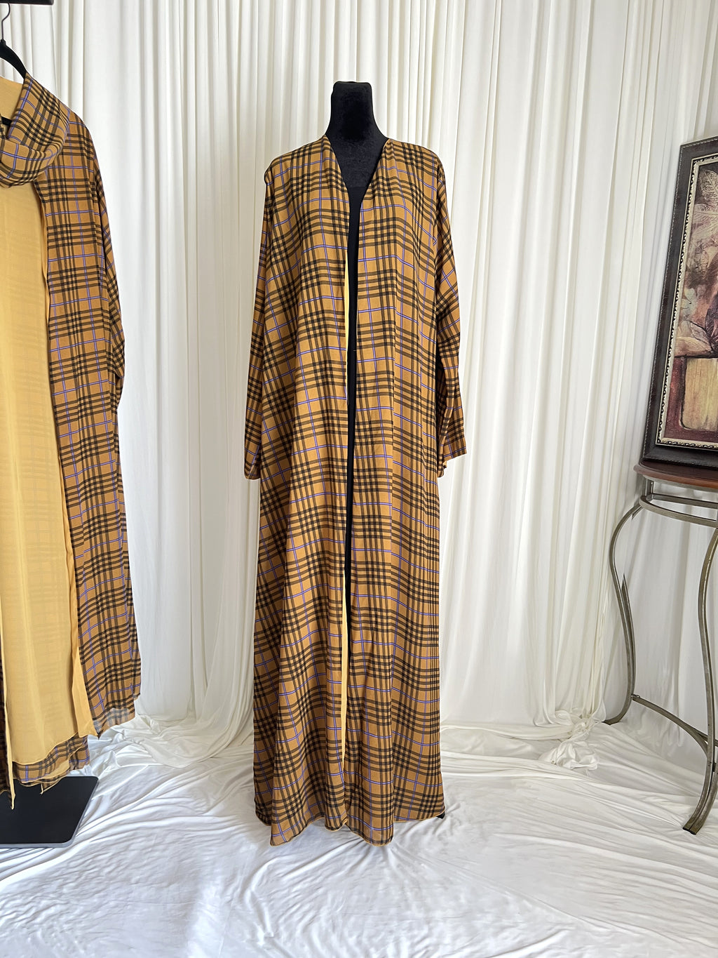 Saffron Grid Plaid Double Chiffon Open Abaya Set front view on mannequin with matching hijab