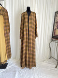 Saffron Grid Plaid Double Chiffon Open Abaya Set front view on mannequin with matching hijab