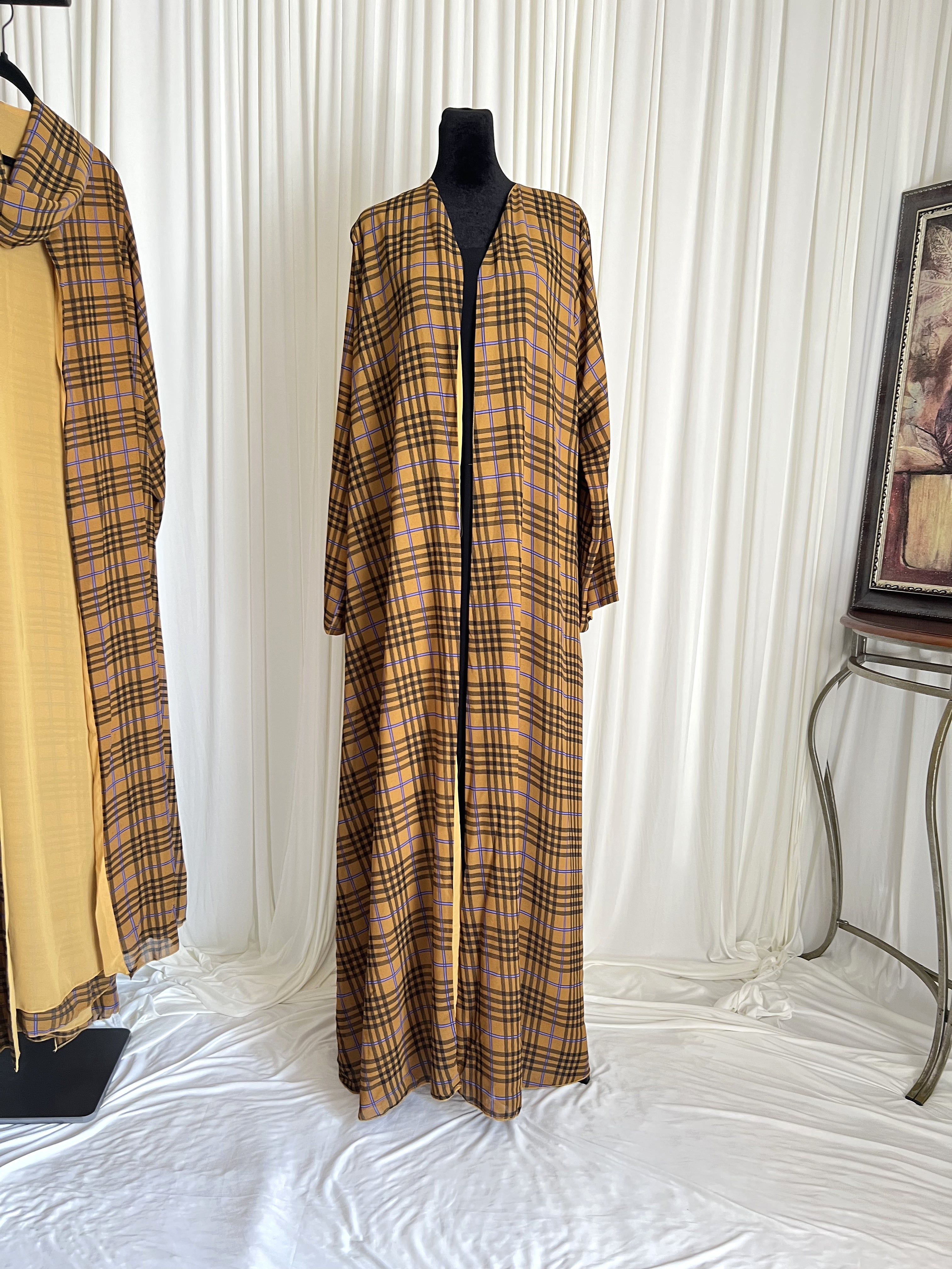 Saffron Grid Plaid Double Chiffon Open Abaya Set front view on mannequin with matching hijab
