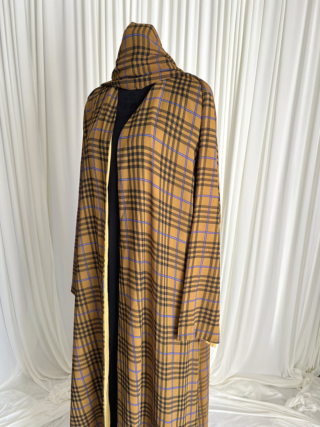 Saffron Grid Plaid Double Chiffon Open Abaya Set angled side view