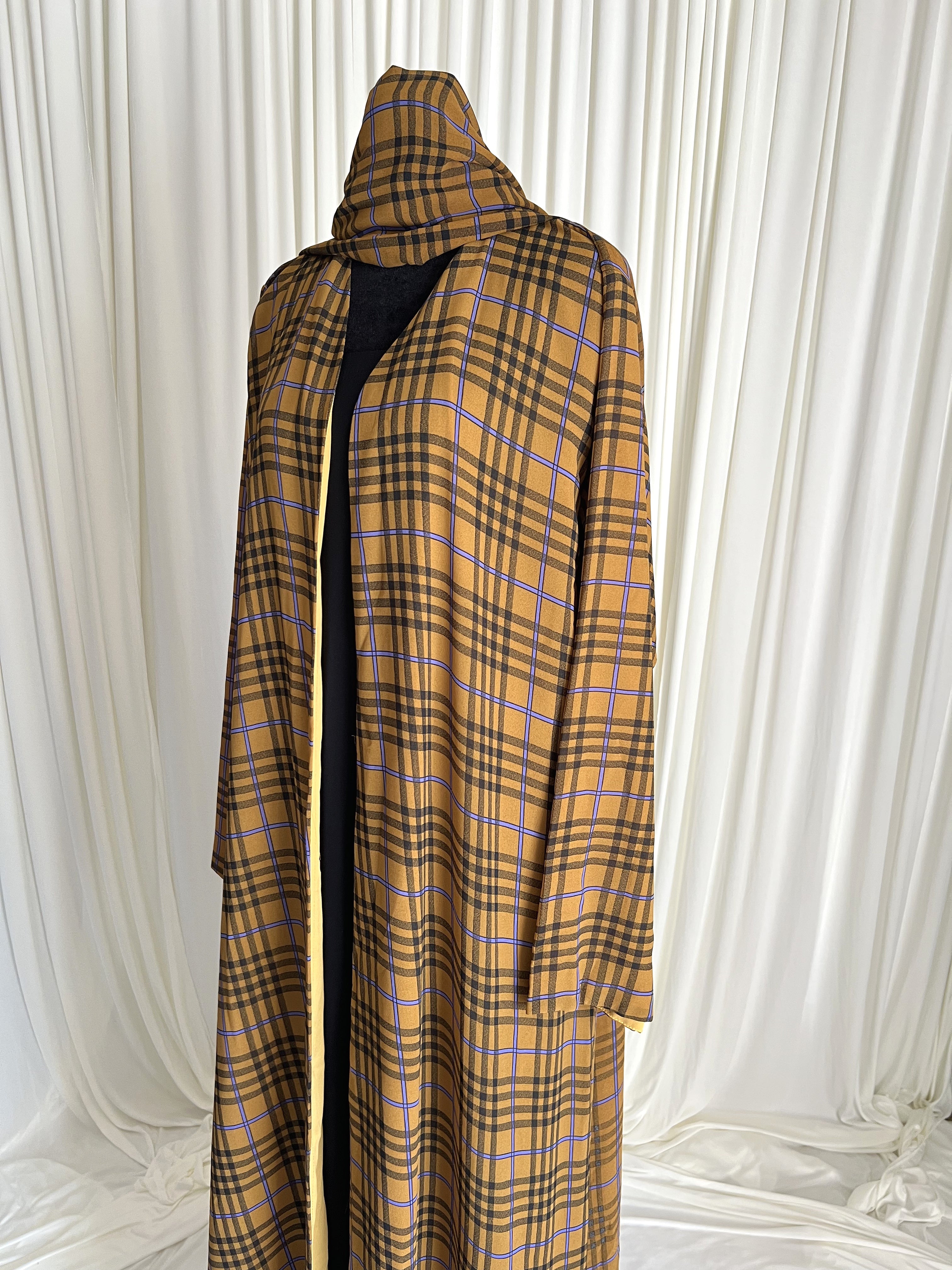 Saffron Grid Plaid Double Chiffon Open Abaya Set angled side view