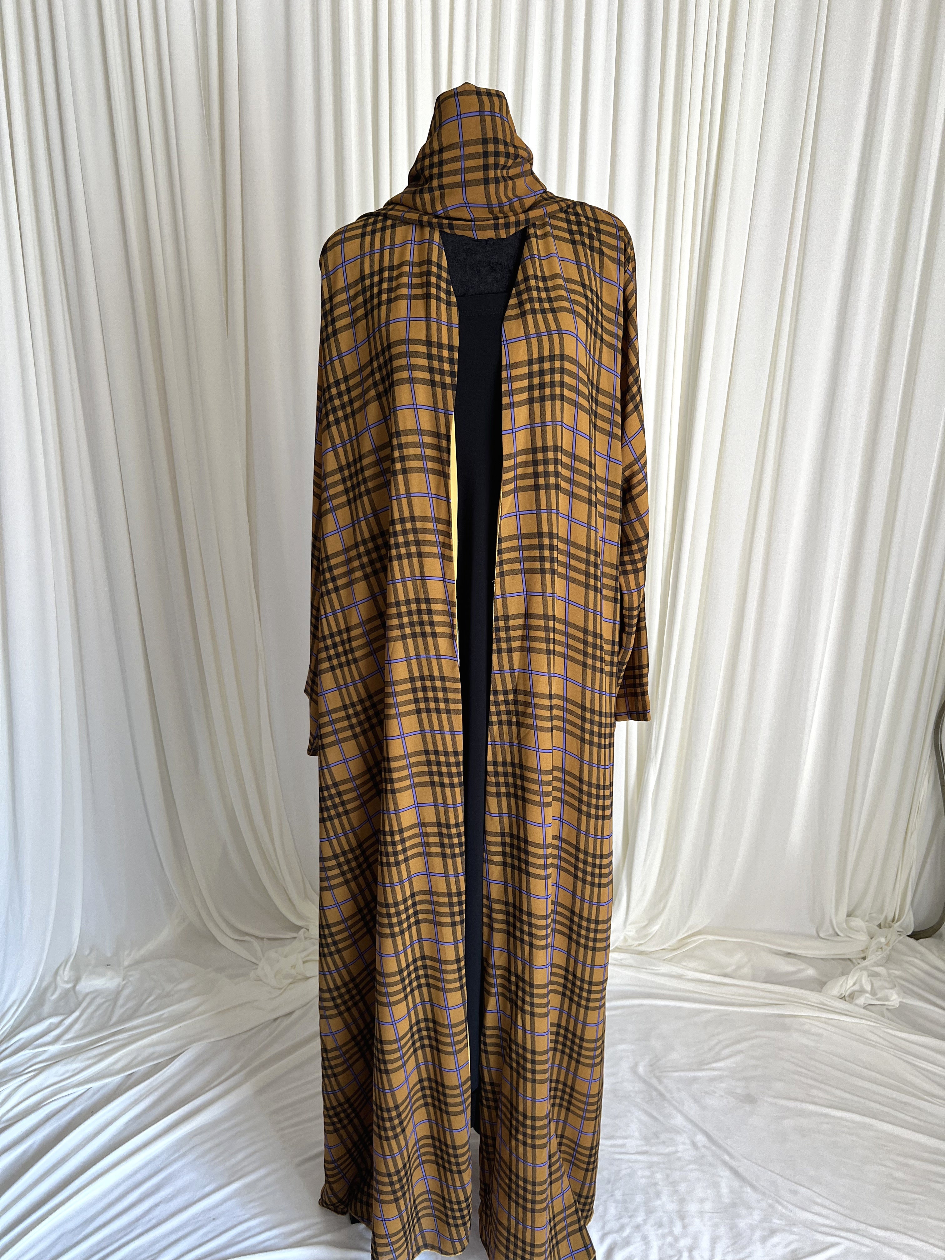 Saffron Grid Plaid Double Chiffon Open Abaya Set closed front full view
