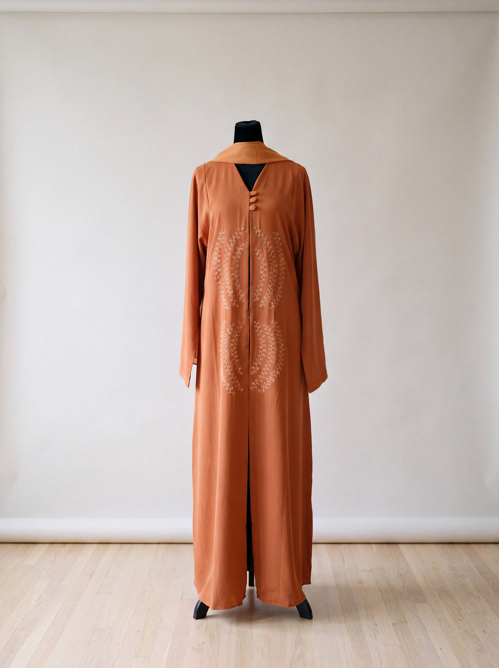 Sahara Abaya - desert rust front view with pearl floral embroidery and matching hijab
