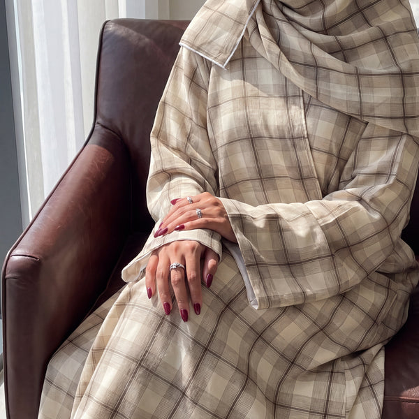 Rustic Taupe Plaid Double Chiffon Abaya Set