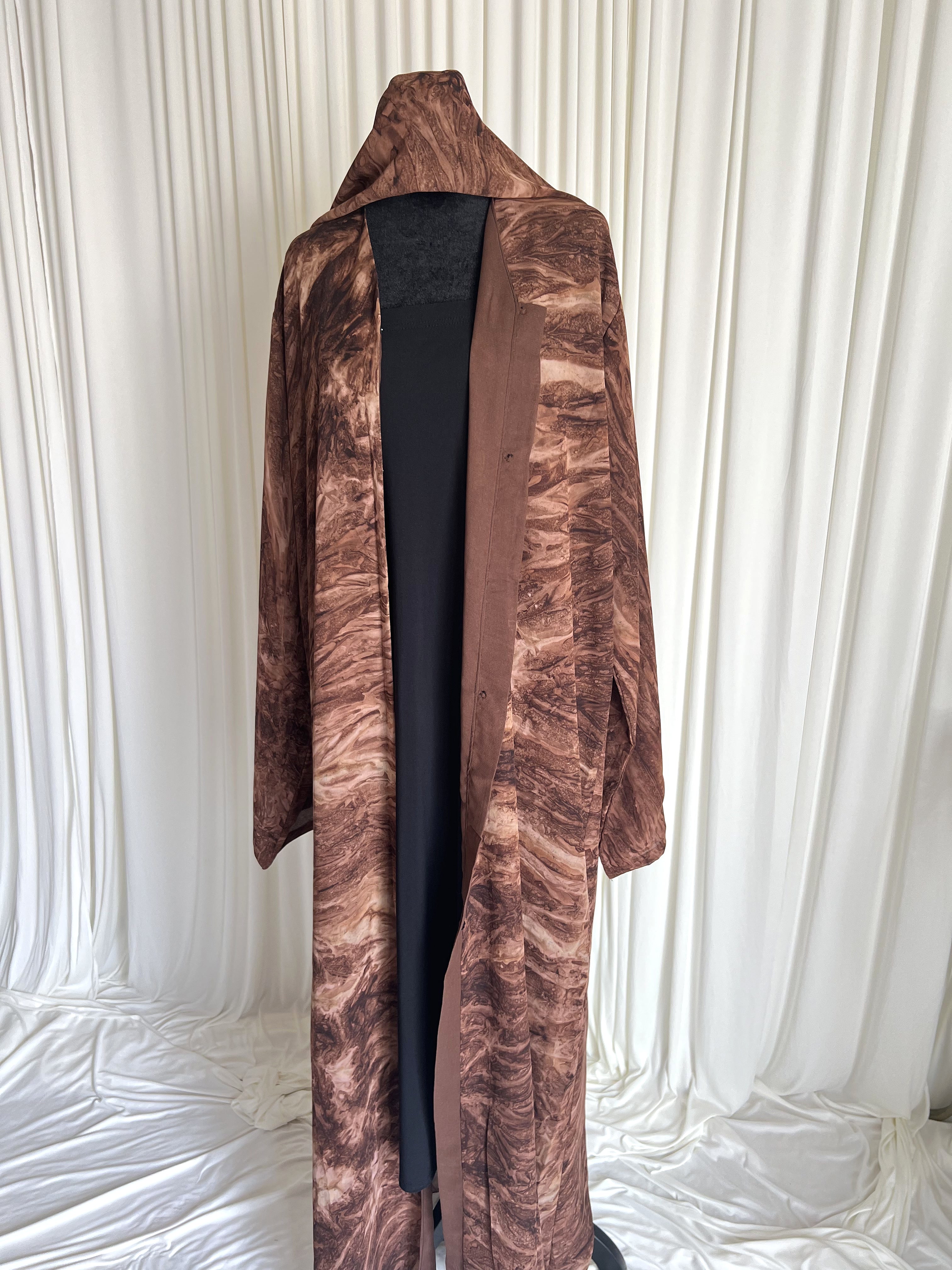 Terra Marble Print Abaya Set cocoa marble front view on mannequin