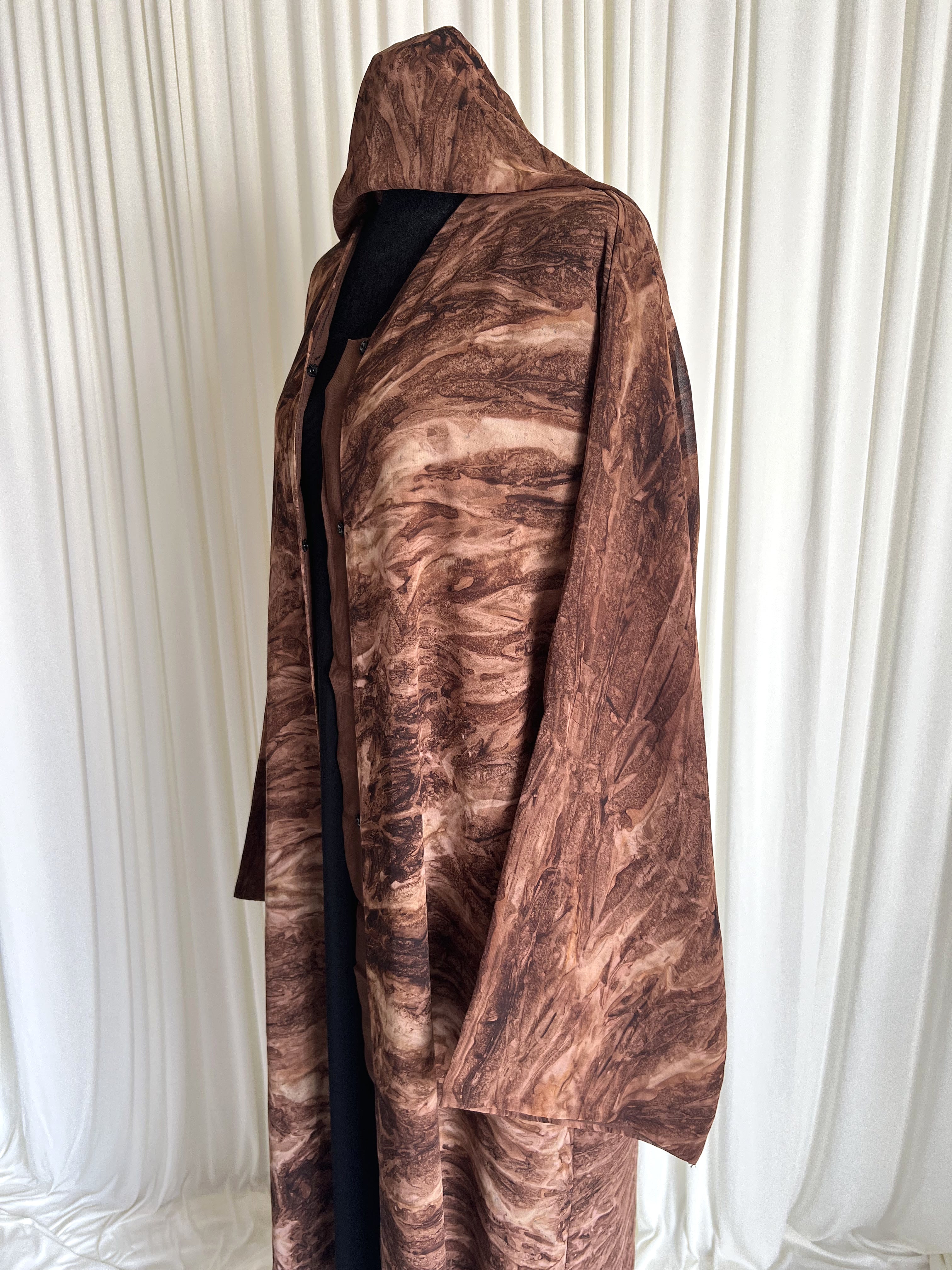 Terra Marble Print Abaya Set cocoa marble angled side view
