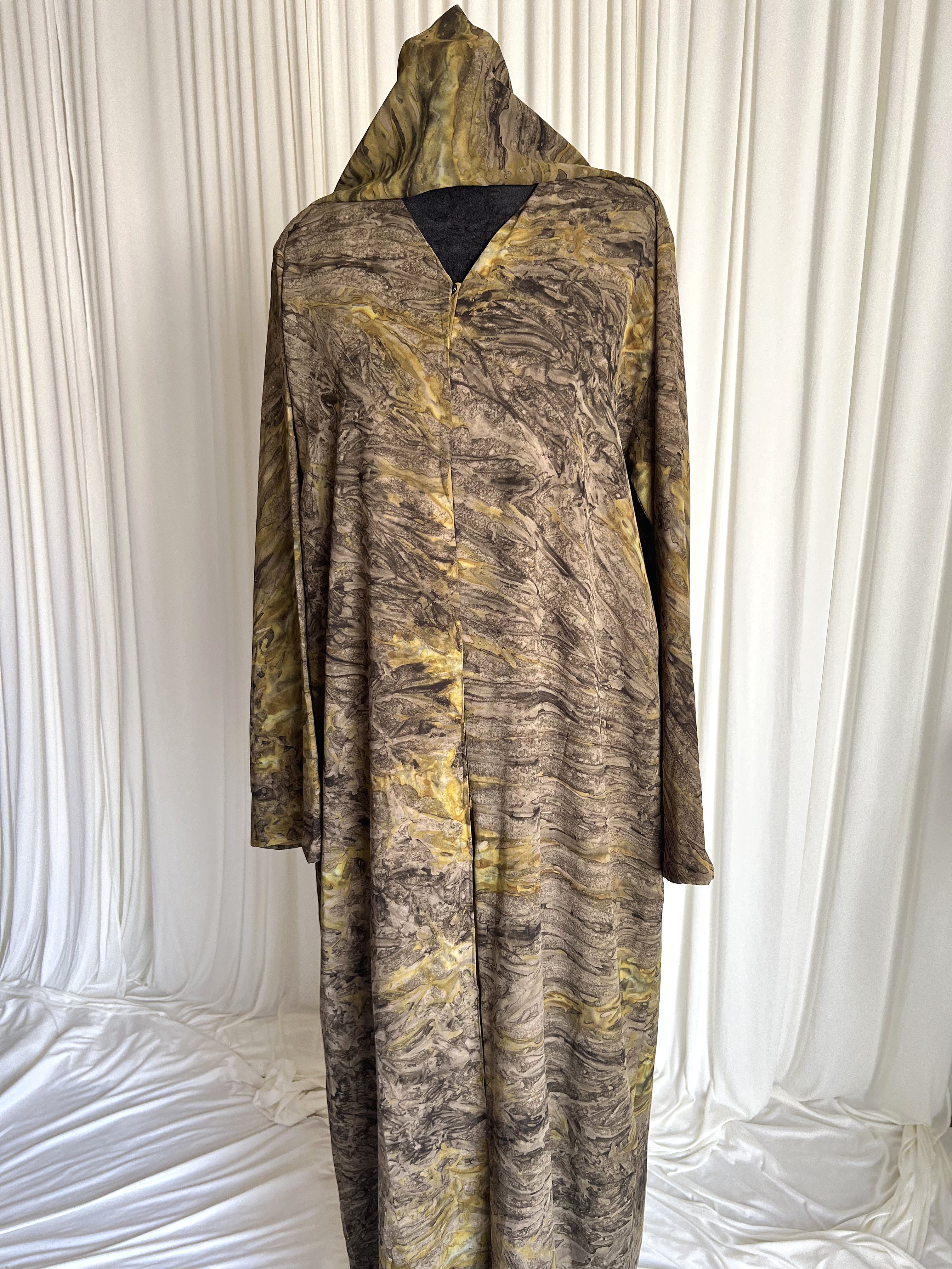 Terra Marble Print Abaya Set olive gold marble front view on mannequin