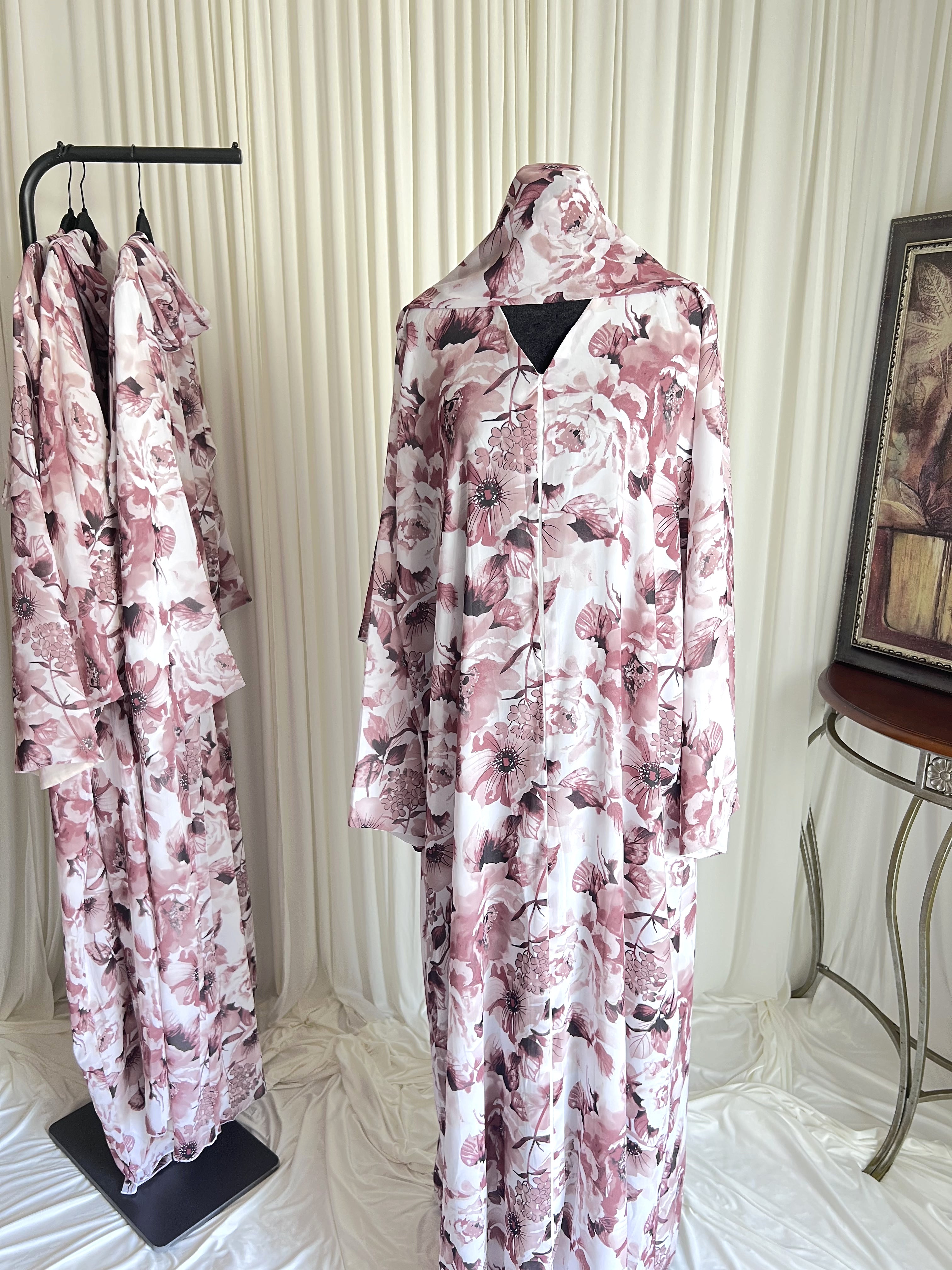 Vintage Mauve Floral Double Chiffon Abaya Set front view on mannequin with matching hijab