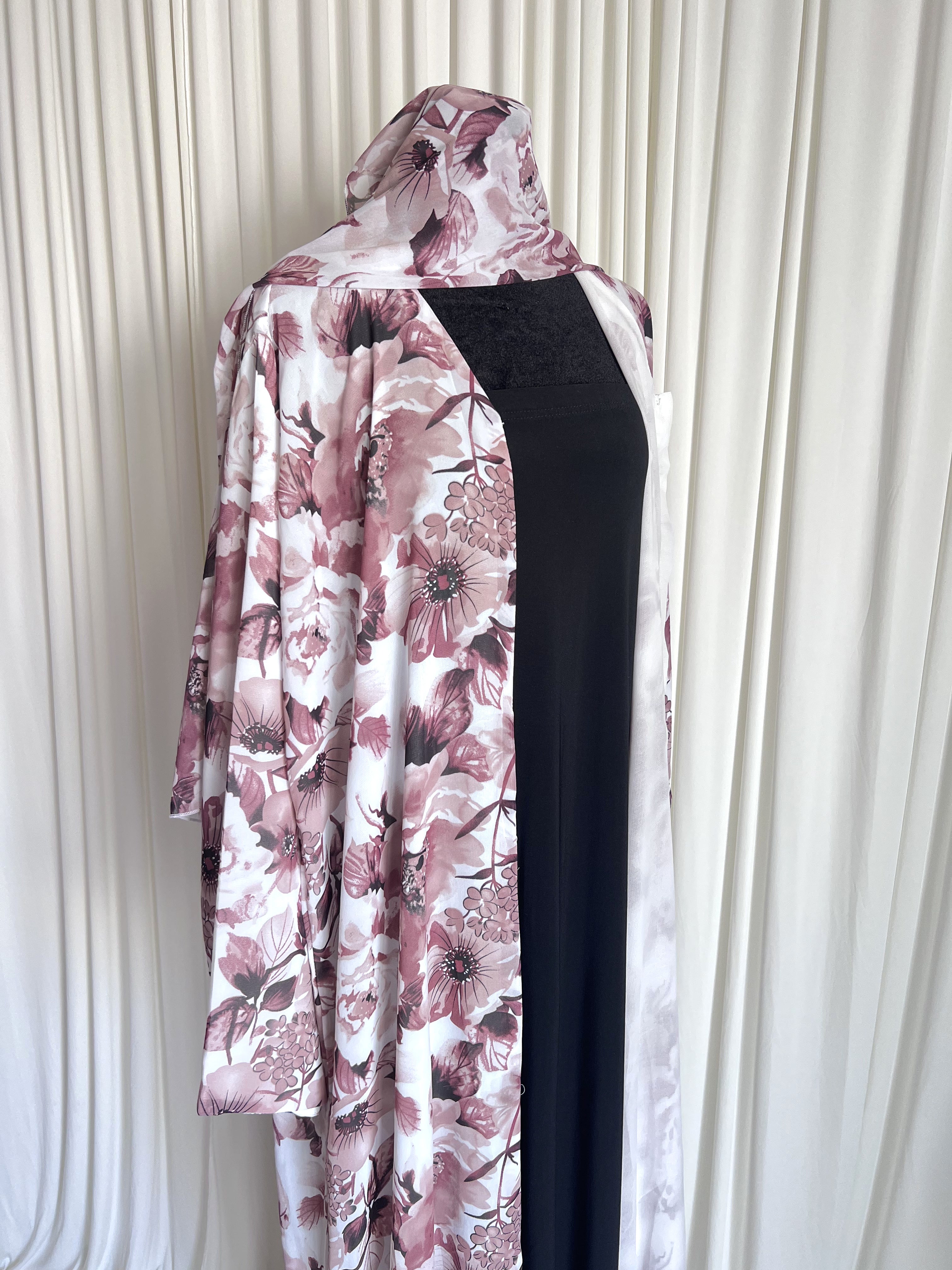 Vintage Mauve Floral Double Chiffon Abaya Set angled side view