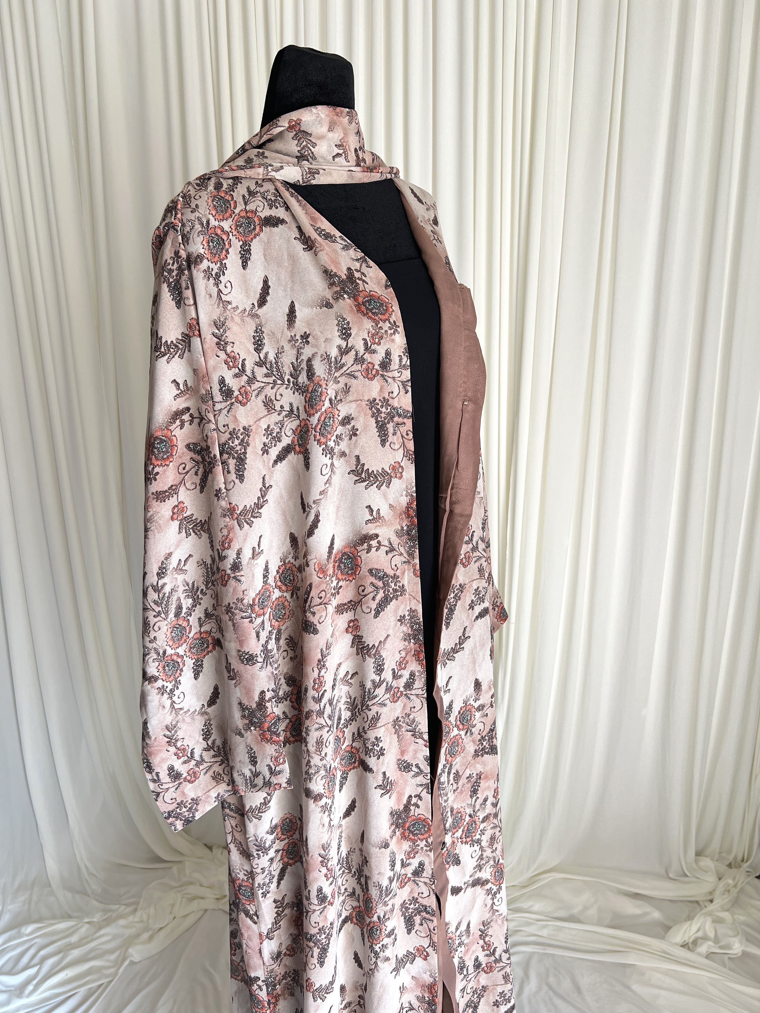 Zahra Blush Floral Double Chiffon Abaya Set angled side view