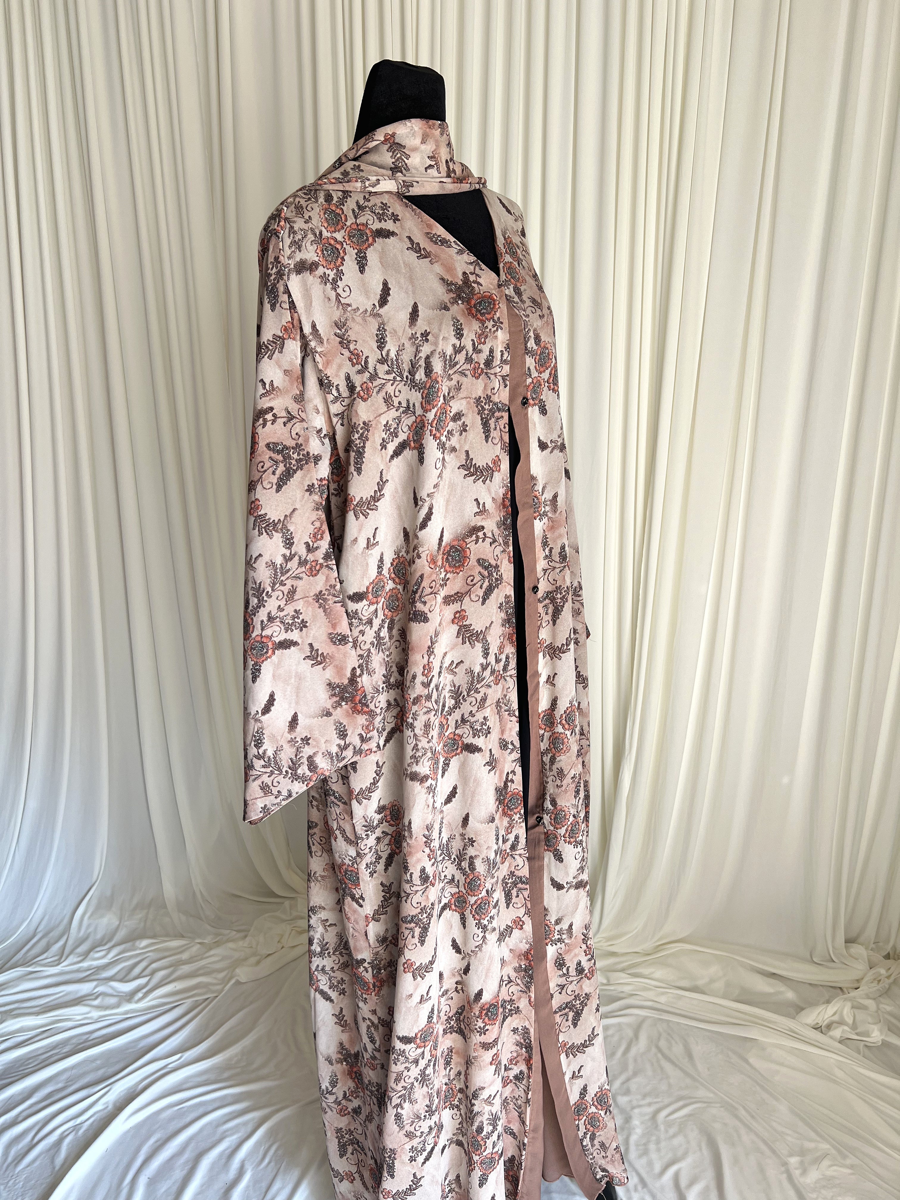 Zahra Blush Floral Double Chiffon Abaya Set full side profile