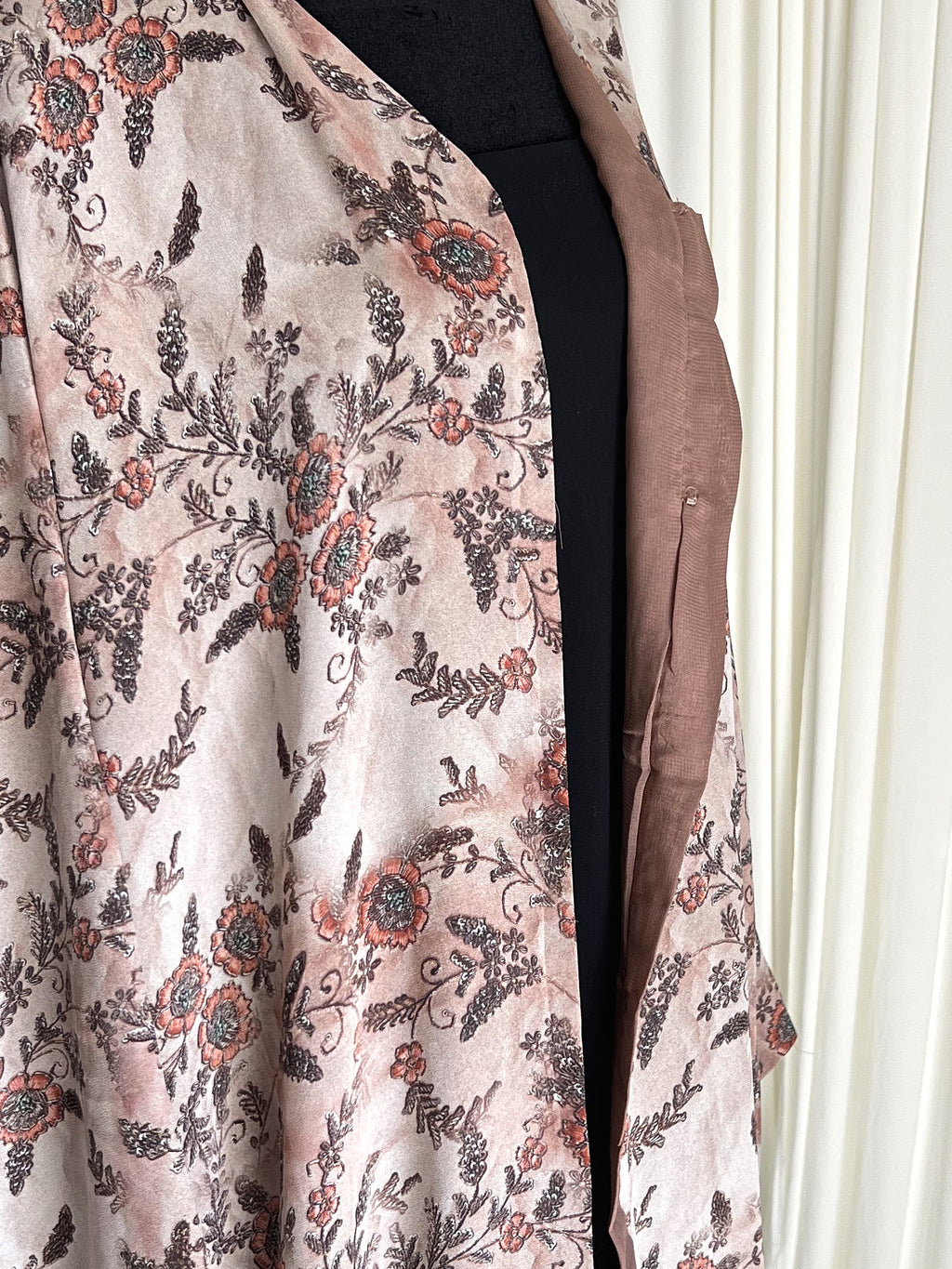Zahra Blush Floral Double Chiffon Abaya Set fabric print close up with mocha lining