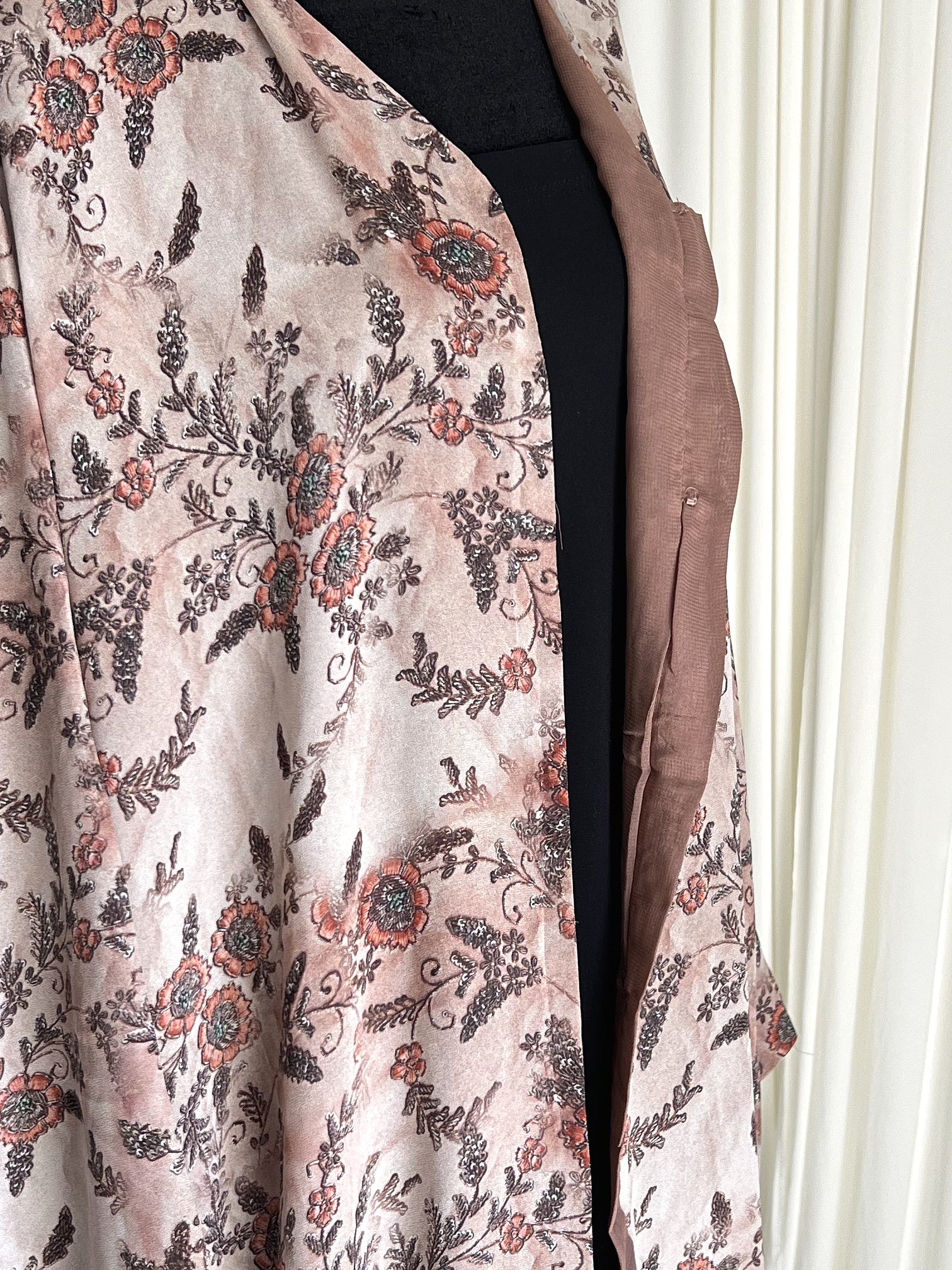 Zahra Blush Floral Double Chiffon Abaya Set fabric print close up with mocha lining