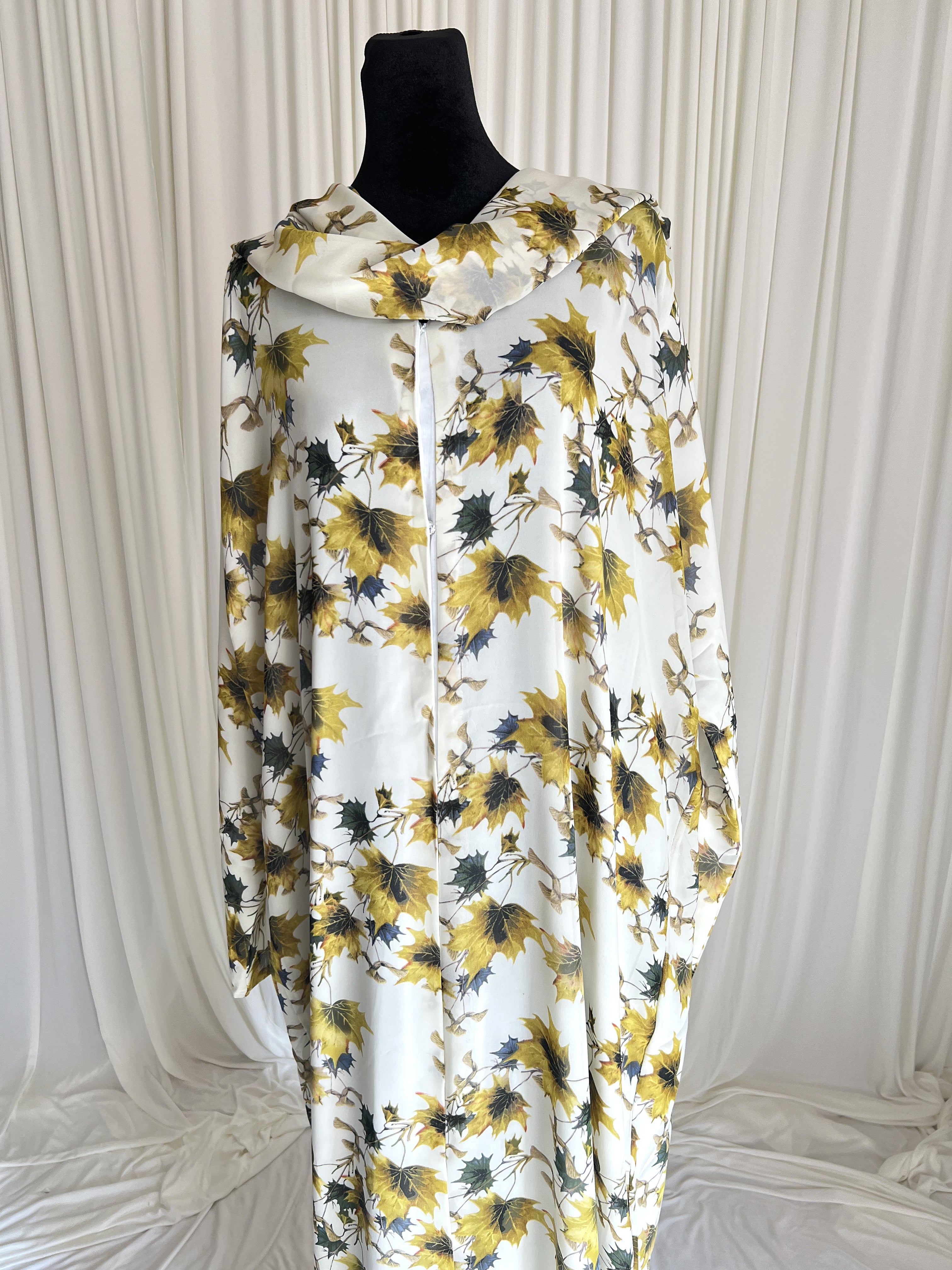 Zaytoon Leaf Print Double Chiffon Abaya Set front view on mannequin with matching hijab