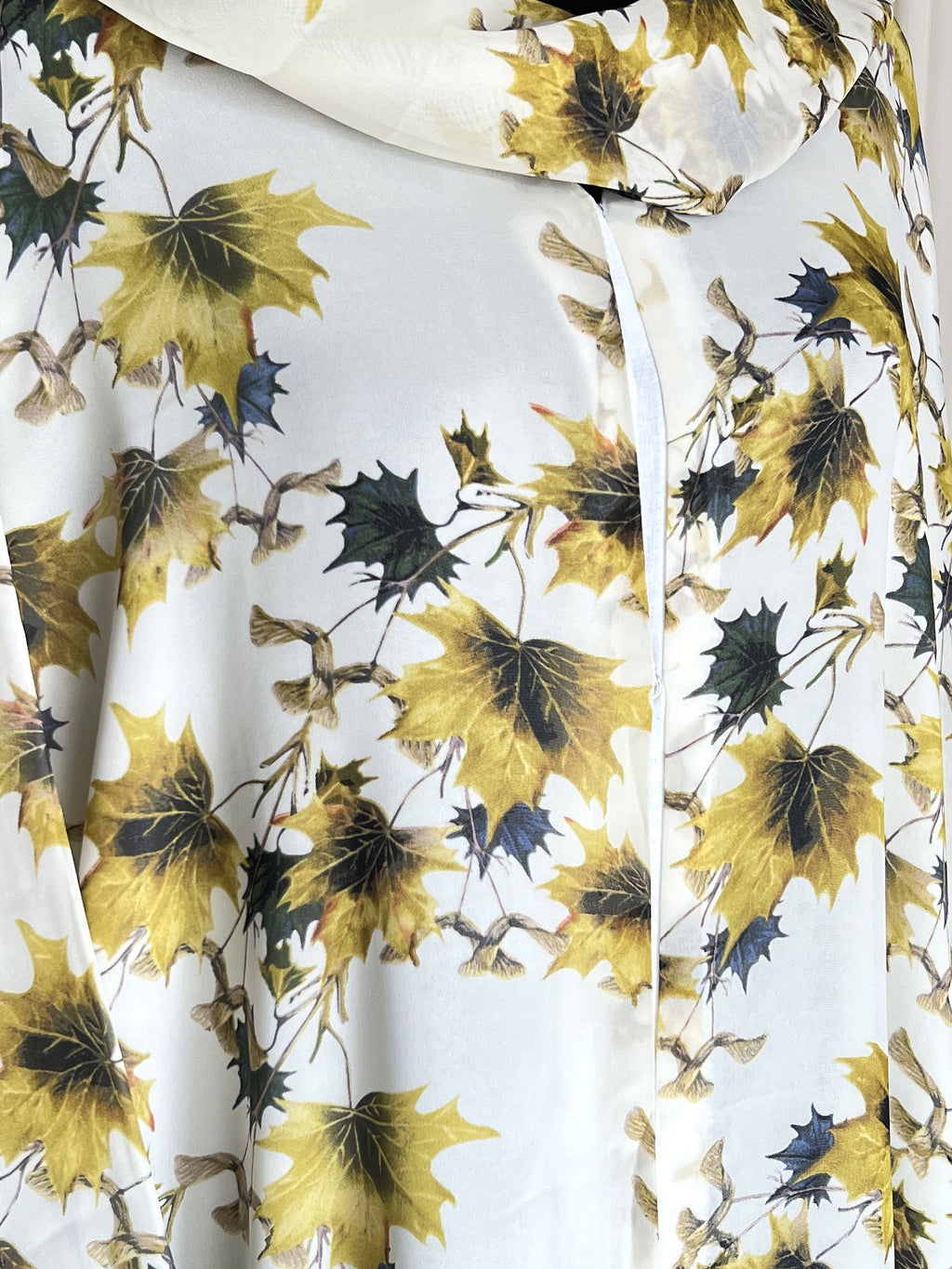 Zaytoon Leaf Print Double Chiffon Abaya Set olive gold leaf print close up